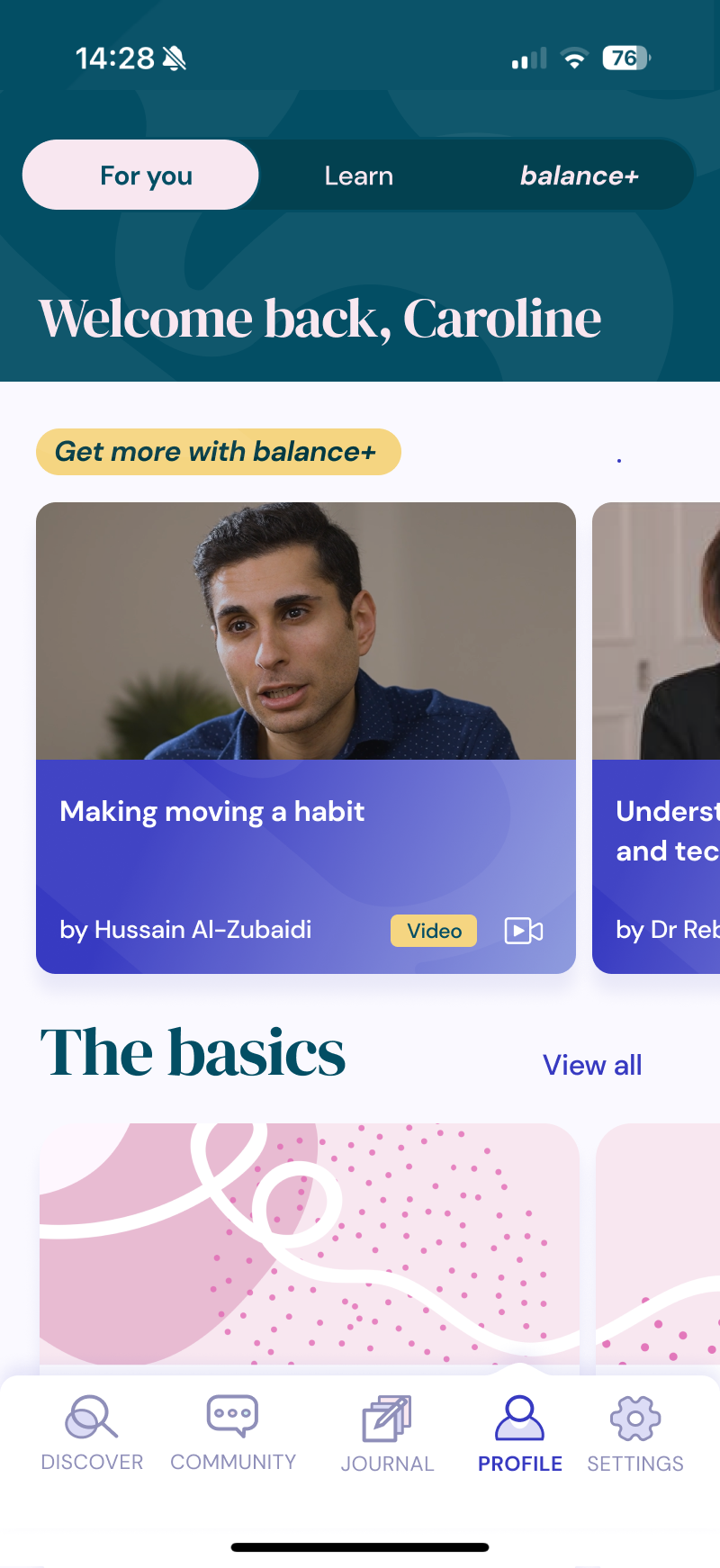 A screenshot of the Balance app homepage, displaying a selection of articles and video content.
